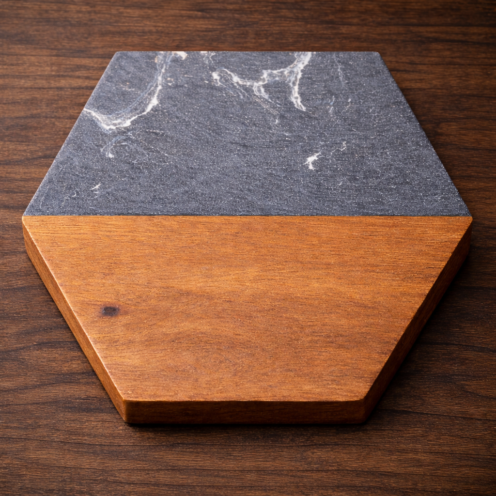 4pc Acai Wood & Black Marble Coaster
