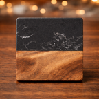4pc Acai Wood & Black Marble Coaster