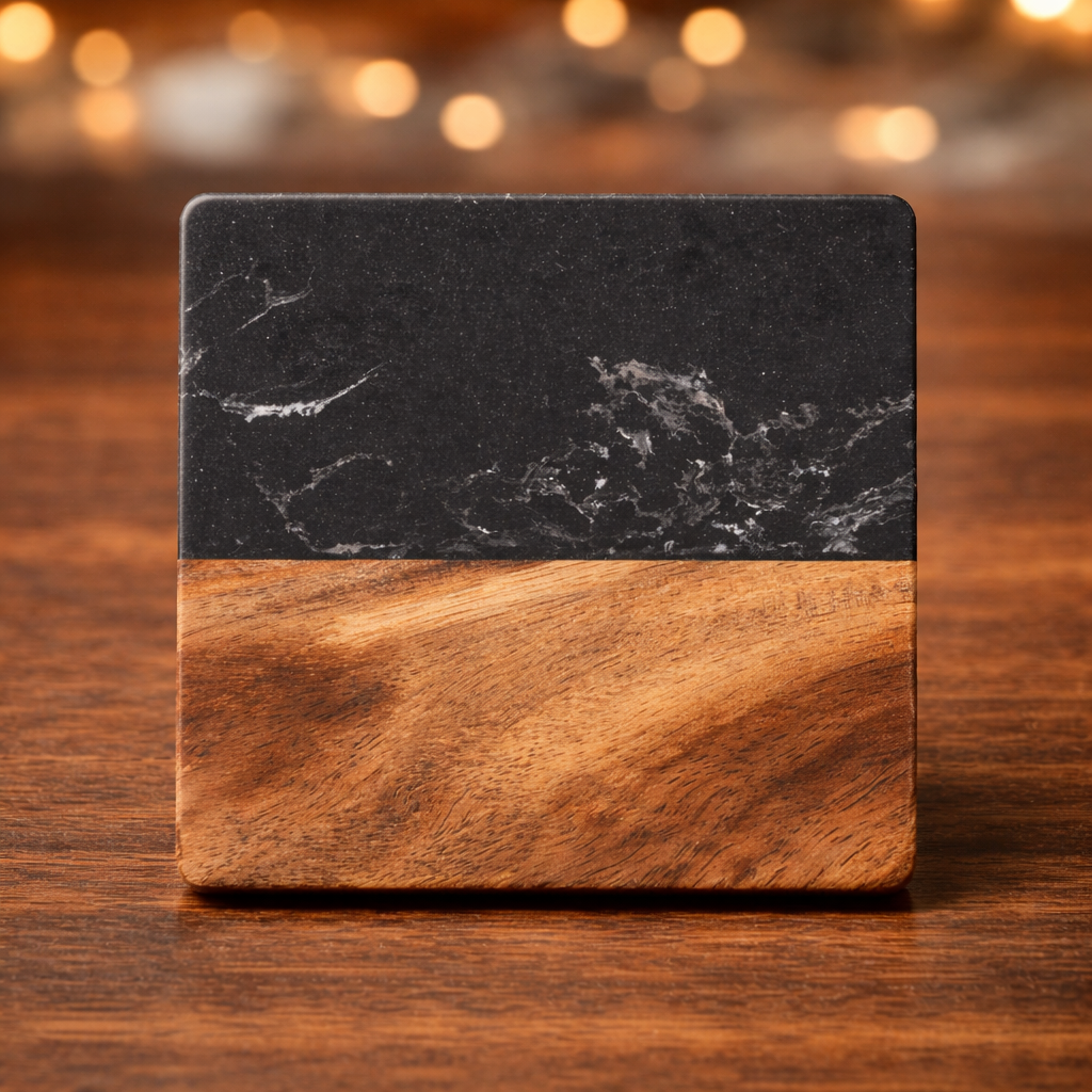 4pc Acai Wood & Black Marble Coaster