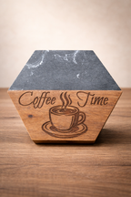 4pc Acai Wood & Black Marble Coaster