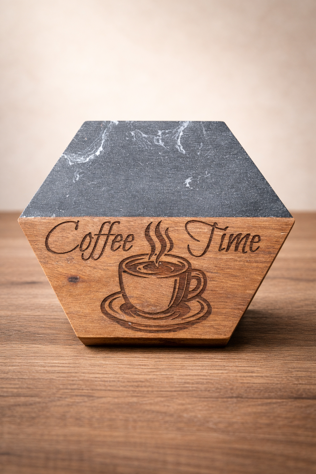 4pc Acai Wood & Black Marble Coaster