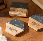 4pc Acai Wood & Black Marble Coaster