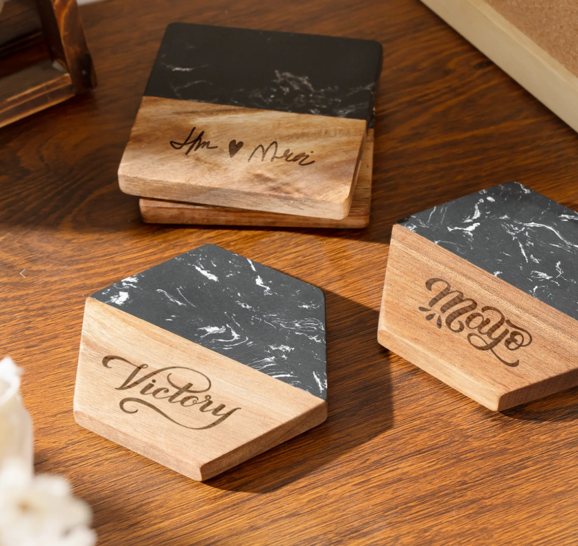 4pc Acai Wood & Black Marble Coaster