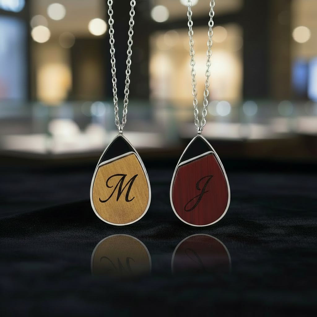 Wood & Stainless Steel Teardrop Necklace