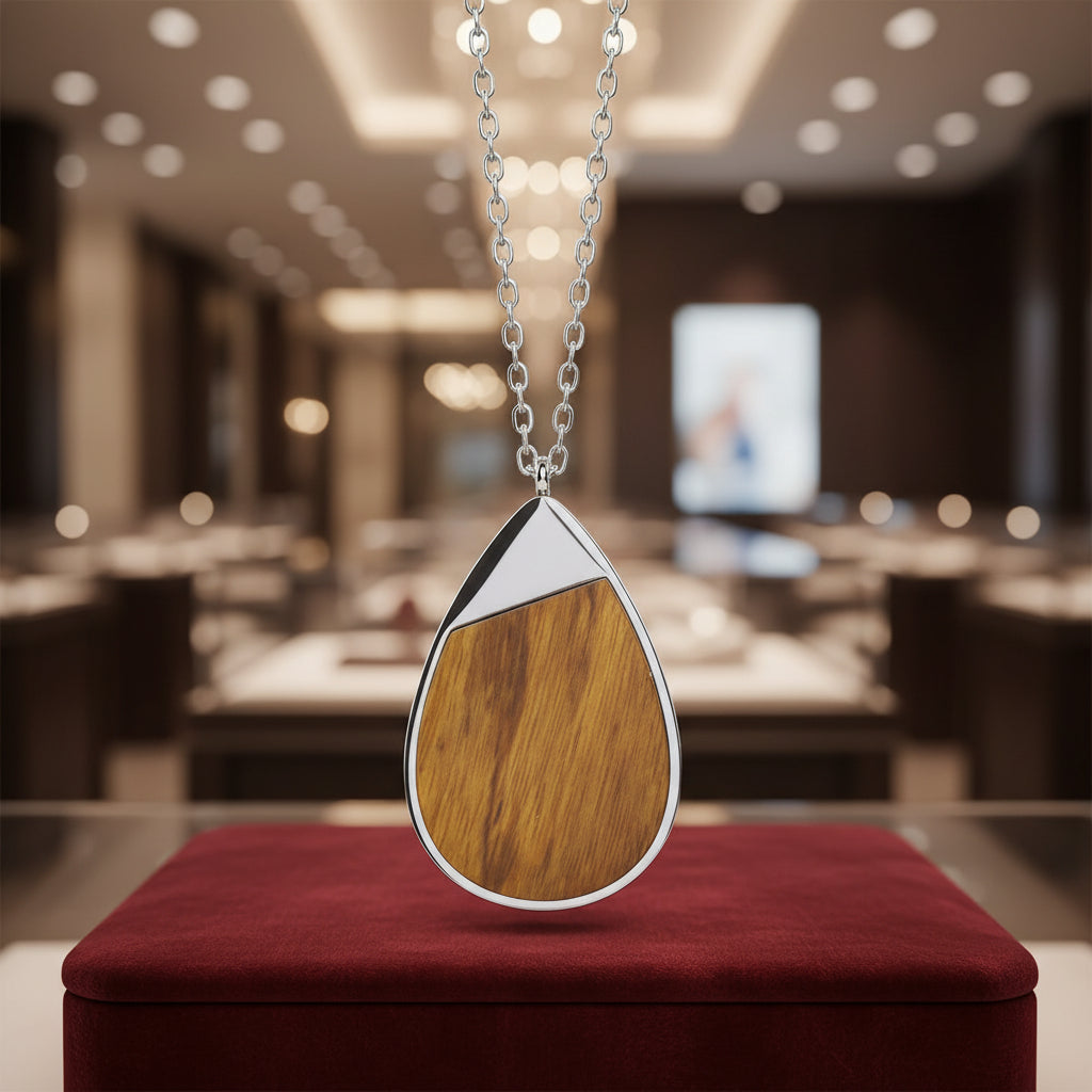 Wood & Stainless Steel Teardrop Necklace