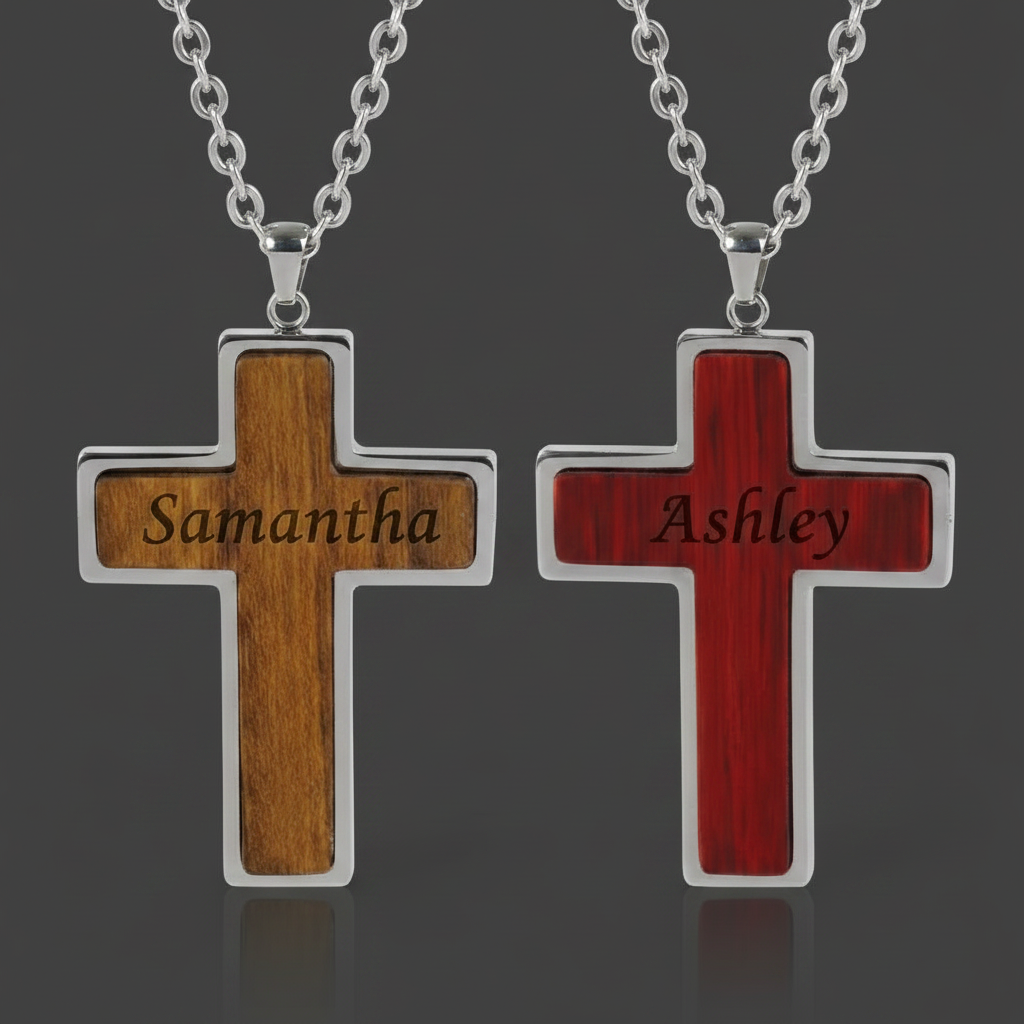 Wood & Stainless Steel Cross Necklace