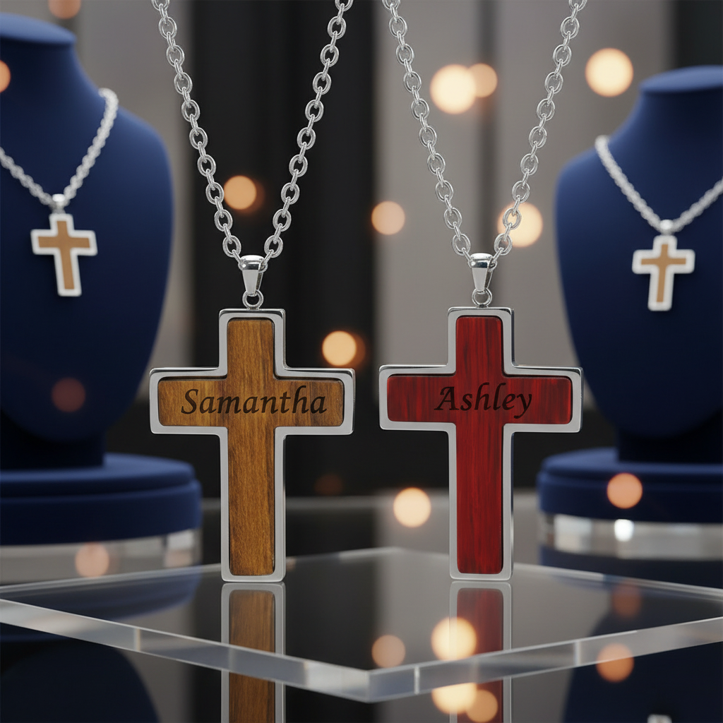 Wood & Stainless Steel Cross Necklace