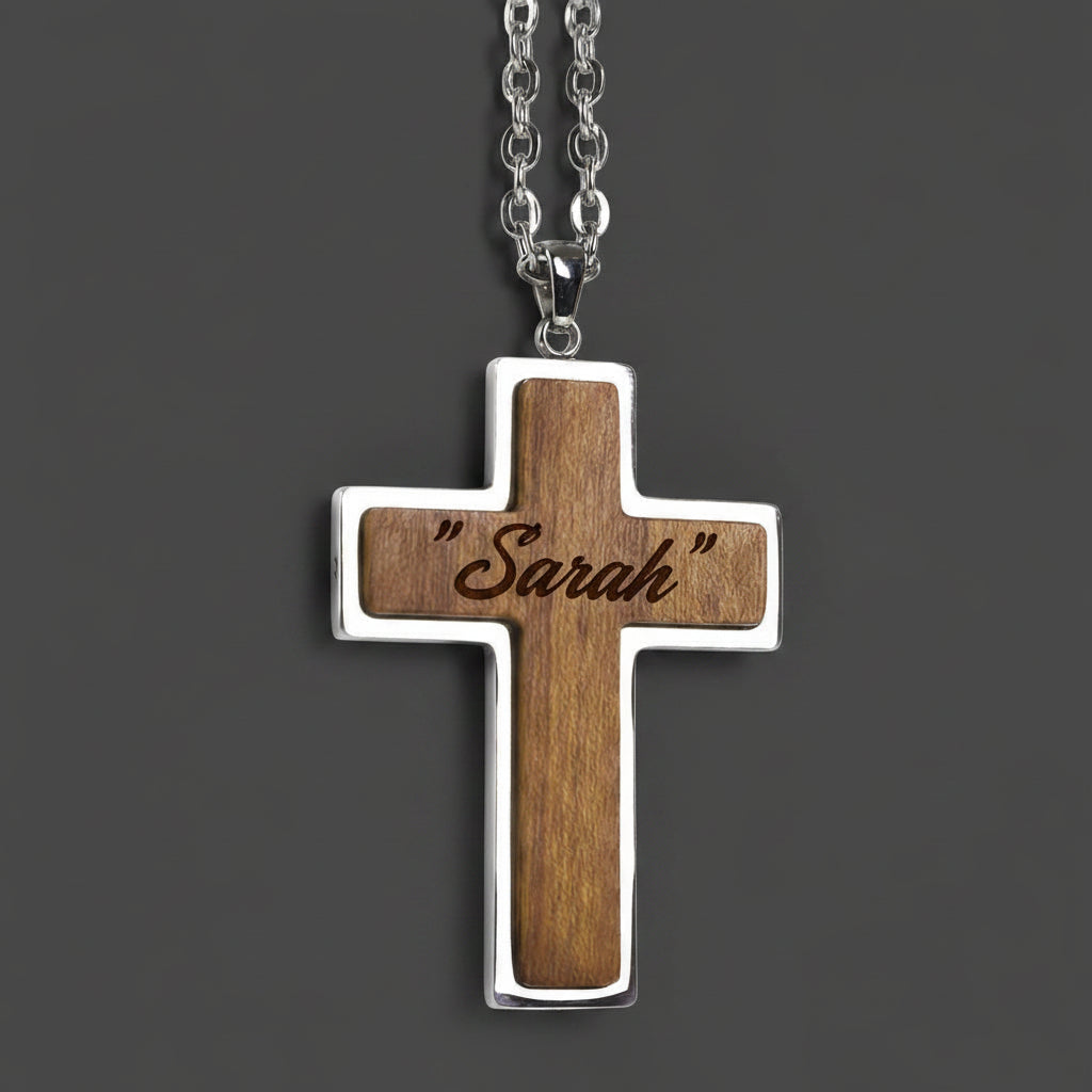 Wood & Stainless Steel Cross Necklace