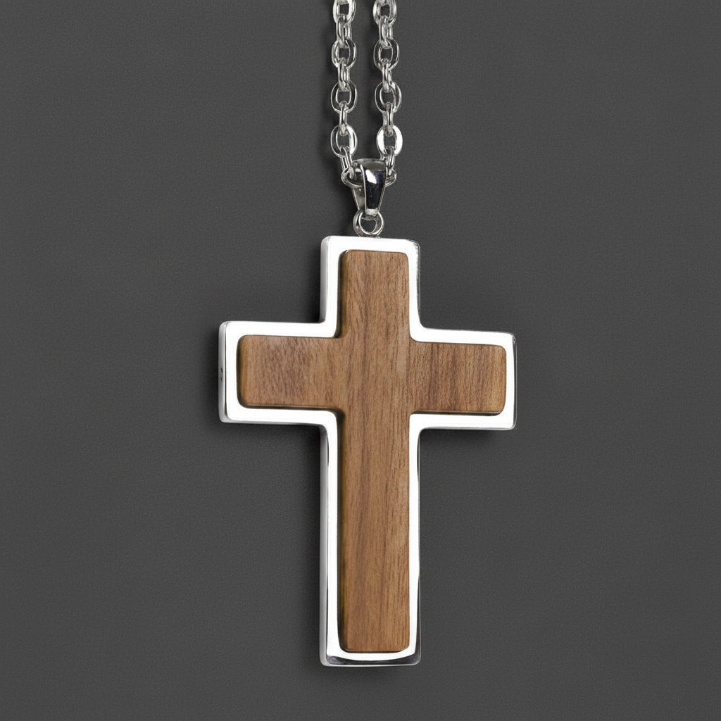 Wood & Stainless Steel Cross Necklace