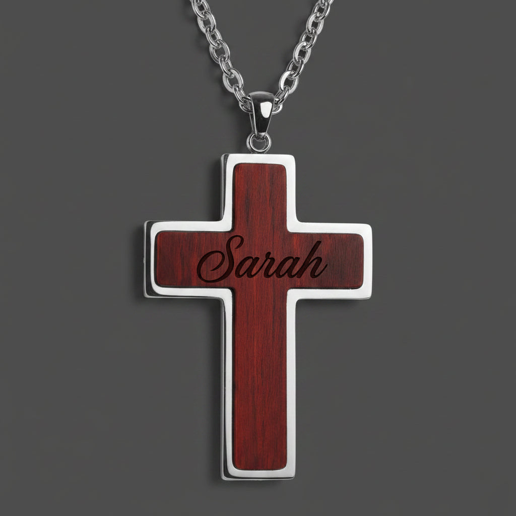 Wood & Stainless Steel Cross Necklace